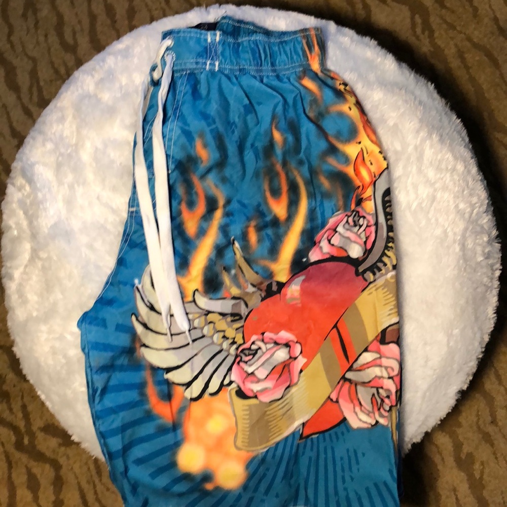Boys Trunks with Hearts, Roses, and Fire•
